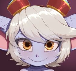 1girl close-up closed_mouth colored_skin eyebrows_hidden_by_hair eyelashes female_focus goggles goggles_on_head league_of_legends long_pointy_ears looking_at_viewer pointy_ears purple_background purple_skin shikimaru short_hair simple_background smile solo tristana_(league_of_legends) white_hair yellow_eyes yordle