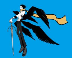 1boy belt belt_buckle black_belt black_hair black_pants black_shoes black_trim black_wings blue_background blue_eyes buckle floating_scarf from_side full_body hair_slicked_back highres looking_ahead male_focus mochizuki_ryouji mole mole_under_eye multiple_wings otoko_haza outstretched_arms pants persona persona_3 scarf shirt shoes short_hair sleeve_cuffs solo standing suspenders sword weapon white_shirt wings yellow_scarf