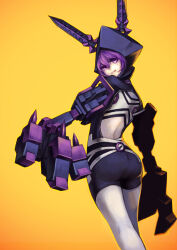 1girl animal_hood ass back black_hoodie black_rock_shooter black_rock_shooter_(game) crossed_belts highres hood hoodie kote_(tures) mechanical_arms nafhe pink_eyes pink_hair rabbit_hood solo tongue tongue_out yellow_background