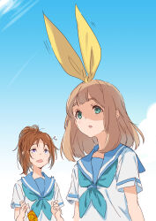 2girls ^^^ aqua_eyes aqua_neckerchief blue_sailor_collar brown_hair cloud commentary_request d: dropping hair_ribbon hibike!_euphonium highres juice_box kawata_hisashi kitauji_high_school_uniform multiple_girls nakagawa_natsuki neckerchief open_mouth ponytail purple_eyes ribbon sailor_collar school_uniform serafuku short_sleeves summer_uniform surprised thick_eyebrows trembling upper_body wavy_mouth yellow_ribbon yoshikawa_yuuko