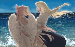 Rule 34 | 2girls, angel, angel wings, blonde hair, blush stickers, charlie morningstar, collared shirt, floating hair, hair ribbon, happy, hazbin hotel, highres, holding hands, long hair, multiple girls, ocean, outdoors, ribbon, shirt, skirt, tppiiiiqqt, vaggie, white hair, wings, yuri