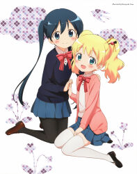 2girls :d absurdres alice_cartelet artist_name black_pantyhose black_shoes blonde_hair blue_hair blue_skirt blue_sweater blush bow bowtie brown_shoes cardigan closed_mouth collared_shirt full_body hand_on_another&#039;s_shoulder hand_on_own_leg highres holding_hands kin-iro_mosaic kneeling komichi_aya loafers long_hair long_sleeves looking_at_viewer miniskirt moegi_high_school_uniform multiple_girls non-web_source official_art open_cardigan open_clothes open_mouth pantyhose pink_bow pink_bowtie pink_cardigan pleated_skirt scan school_uniform shirt shoes short_hair sitting skirt smile striped_bow striped_bowtie striped_clothes sweater thighhighs twintails ueda_kazuyuki white_shirt white_thighhighs winter_uniform yokozuwari