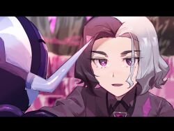1boy amethio_(pokemon) blurry blurry_background bright_pupils ceruledge collared_shirt commentary_request copituji day grey_shirt highres letterboxed loose_hair_strand male_focus multicolored_hair nintendo open_mouth outdoors pokemon pokemon_(anime) pokemon_(creature) pokemon_horizons purple_eyes shirt short_hair smile two-tone_hair white_pupils