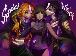 Rule 34 | 1girl, 2boys, abstract background, armband, armlet, bandage on chest, bandage on face, bandage on neck, bandaged arm, bandaged hand, bandaged head, bandages, bare shoulders, black armlet, black choker, black dress, black fur, black gloves, black hair, black jacket, black nails, black pants, black shirt, blonde hair, breasts, brown hair, choker, cleavage, collarbone, collared dress, collared jacket, d.gray-man, dark-skinned female, dark-skinned male, dark skin, devit, dress, elbow gloves, english text, eyeshadow, facepaint, fur-trimmed jacket, fur trim, gloves, grin, hair between eyes, hair over shoulder, hair ribbon, halloween costume, hand on another&#039;s arm, hand on another&#039;s waist, jacket, jasdero, jewelry, large breasts, lipstick, long hair, long sleeves, looking at viewer, low ponytail, lulu bell, makeup, mascara, messy hair, midriff, midriff peek, multiple boys, noah (d.gray-man), one eye covered, open clothes, open jacket, pants, parted lips, ponytail, purple background, purple lips, purple ribbon, purple stripes, red eyeshadow, ribbon, see-through clothes, see-through dress, seto satoru, shirt, short hair, side slit, sidelocks, signature, single glove, sleeveless, sleeveless dress, smile, spider web print, stitched face, stitches, striped armband, striped choker, striped clothes, striped dress, striped jacket, striped pants, thighs, yellow eyes