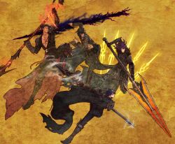 Rule 34 | 4boys, absurdres, arm on knee, armor, black armor, black cloak, black hair, black pants, black robe, blue hair, bracelet, character request, cloak, closed mouth, collarbone, commentary, dungeon and fighter, english commentary, full armor, full body, green pants, grey jacket, highres, holding, holding polearm, holding weapon, jacket, jewelry, looking to the side, male focus, medium hair, mittens, multiple boys, open clothes, open jacket, pants, parted lips, pectoral cleavage, pectorals, polearm, purple hair, red eyes, robe, scar, scar on face, short hair, shoulder armor, smile, teeth, toned, toned male, ven0305, weapon, yellow background, yellow eyes