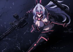 1girl absurdres android aoi_tabane breasts broken_glass cleavage corruption dark_persona elbow_gloves gatling_gun glass gloves gun head-mounted_display headgear highres holding katsuragi_marina kouyoku_senki_exs-tia large_breasts leotard long_hair mecha_musume mind_control mind_controlled_exs-tia rifle solo thighhighs very_long_hair weapon