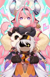2girls absurdres ahoge animal_ears braid breast_rest breasts breasts_on_head cow_ears cow_horns cow_tail crossed_arms dark-skinned_female dark_skin ear_bell feathers genshin_impact glowing glowing_eye grey_hair hairband highres horns iansan_(genshin_impact) large_breasts long_hair m-1ng multiple_girls pink_hair purple_eyes shaded_face skull_on_head tail twin_braids varesa_(genshin_impact)