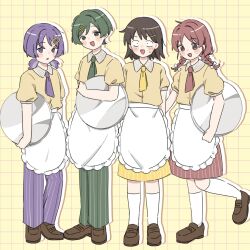 4girls apron braid brown_hair brown_shoes cha_(ntrikti) contrast_collar drop_shadow employee_uniform frilled_apron frills fujii_ayame full_body futsuu_no_keion-bu green_necktie green_pants grid_background hair_ornament hairclip hatono_chihiro heartbreak_(futsuu_no_keion-bu) highres holding_apron kouyama_rin loafers looking_at_viewer multiple_girls necktie official_alternate_costume pants puffy_short_sleeves puffy_sleeves purple_eyes purple_hair purple_necktie purple_pants red_eyes red_hair red_necktie red_pants shoes short_hair short_sleeves short_twintails skirt socks standing striped_clothes striped_collar striped_pants striped_skirt striped_sleeve_cuffs twin_braids twintails uchida_momo vertical-striped_clothes vertical-striped_pants vertical-striped_skirt waist_apron waitress white_apron white_socks yellow_necktie yellow_skirt
