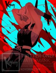 Rule 34 | 1girl, armpits, blindfold, blonde hair, blood, breasts, duchess (elden ring), elden ring, elden ring nightreign, gloves, highres, horns, knife, koyorin, long hair, ninja, ponytail, sarashi, solo, weapon