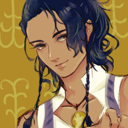 1boy blue_hair bokujou_monogatari bokujou_monogatari:_mittsu_no_sato_no_taisetsuna_tomodachi braid closed_mouth collarbone curly_hair dark-skinned_male dark_skin dutch_angle hair_over_one_eye half_updo hand_up jewelry looking_at_viewer ludus_(bokujou_monogatari) male_focus necklace orange_eyes parted_bangs portrait salad726 side_braids smile solo tunic turtle white_tunic yellow_background