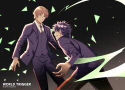 2boys battle black_background black_hair black_jacket brown_hair brown_pants charging_forward clenched_teeth collared_shirt copyright_name dated dress_shirt duel formal_clothes frown glowing gradient_background jacket kageura_masato light_particles long_sleeves looking_at_another looking_away male_focus multiple_boys necktie ninomiya_masataka pants purple_hair purple_jacket purple_pants purple_vest red_necktie sharp_teeth shirogane750 shirt short_hair spiked_hair suit teeth triangle twitter_username uniform vest white_shirt world_trigger