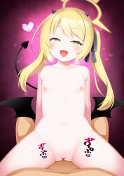 1boy 1girl :d bat_wings black_wings blonde_hair blue_archive blush completely_nude cowgirl_position demon_tail flat_chest girl_on_top highres ibuki_(blue_archive) kirisame_mia loli long_hair navel nipples nude open_mouth sex smile straddling tail wings yellow_eyes