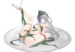 1girl absurdres bdsm black_hairband blue_hair bondage bound breasts cleavage closed_mouth commentary covered_anus covered_erect_nipples covered_pussy covering_privates flantia grass grey_hair hair_between_eyes hairband highres large_breasts light_blush long_hair looking_at_viewer lying m_legs multicolored_hair navel nude nude_cover on_back on_plate original plate red_rope rope simple_background solo spread_legs two-tone_hair white_background yellow_eyes