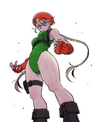 1girl absurdres ahoge antenna_hair beret blonde_hair blue_eyes boots braid breasts cammy_white combat_boots curvy emblem facial_scar fingerless_gloves from_below garrison_cap gloves green_leotard hair_between_eyes hat highleg highleg_leotard highres leotard long_hair looking_at_viewer lywslanket medium_breasts padded_gloves pouch red_gloves red_hat ribbed_leotard scar scar_on_cheek scar_on_face side_ahoge simple_background solo street_fighter thigh_pouch thighs thong_leotard toned toned_female twin_braids white_background wide_hips