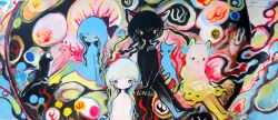 Rule 34 | 4girls, abstract background, absurdres, animal, animal ears, black hair, black skin, blue hair, blue skin, cat, cat ears, colored skin, gradient skin, highres, long hair, looking at viewer, multiple girls, original, pink hair, pink skin, si-ku, traditional media, white hair, white skin, yellow skin