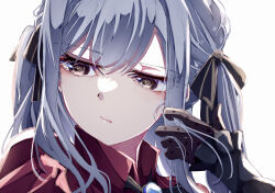 1girl absurdres bang_dream! bang_dream!_it&#039;s_mygo!!!!! black_eyes black_gloves black_ribbon blue_hair commentary english_commentary gloves hair_ribbon highres long_hair mixed-language_commentary nuruponnu oblivionis_(bang_dream!) portrait red_shirt ribbon shirt simple_background solo togawa_sakiko tucking_hair very_long_hair white_background