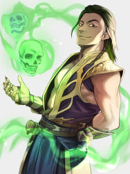 Rule 34 | 1boy, braid, brown eyes, brown hair, cowboy shot, fire, flaming skull, floating skull, green fire, grey background, highres, looking at viewer, male focus, medium hair, mortal kombat (series), mortal kombat 11, no shirt, seacobalt, shang tsung, skull, smirk, solo, toned, toned male