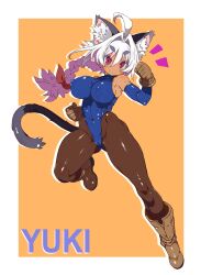 1girl ahoge animal_ears armpits blue_leotard blue_sleeves blush boots breasts brown_boots brown_gloves cat_ears cat_girl cat_tail character_name clenched_hand closed_mouth colored_tips covered_erect_nipples covered_navel dark-skinned_female dark_skin gloves groin hair_between_eyes highres large_breasts leotard looking_at_viewer multicolored_hair original ponytail red_eyes short_eyebrows silhouette smile solo standing standing_on_one_leg tail tsukinoha_mio white_hair