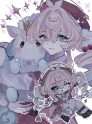 1girl aqua_eyes beret black_shoes bright_pupils chibi closed_mouth creature dress full_body hat highres honkai:_star_rail honkai_(series) hyacine_(honkai:_star_rail) little_ica_(honkai:_star_rail) one_eye_closed open_mouth pink_hair red_dress red_hat shoes smile solo sparkle thighhighs twintails uma_(npon_zinsei) upper_body white_pupils white_thighhighs