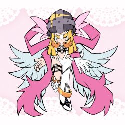Rule 34 | 1girl, angel, angewomon, bare shoulders, blonde hair, bodysuit, boobplate, breastplate, breasts, clothing cutout, covered eyes, digimon, digimon (creature), gerusyu, helmet, helmet over eyes, highres, long hair, o-ring, panty &amp; stocking with garterbelt, simple background, single leg bodysuit, solo, stomach cutout, white bodysuit, white wings, wings