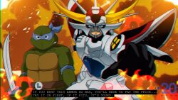 Rule 34 | 2boys, armor, blue eyes, crossover, fire, highres, leonardo (tmnt), looking at viewer, mask, multiple boys, ninja, ronin warriors, samurai, sanada ryou, serious, sword, teenage mutant ninja turtles, teenage mutant ninja turtles (1987), turtle, weapon