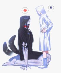 1boy 1girl absurdres animal_collar animal_ears black_hair black_kimono blood blood_on_face boots collar commentary_request dog_boy dog_ears dog_tail facing_another full_body hands_on_own_hips heart heroine_(homicipher) hetero highres homicipher japanese_clothes kemonomimi_mode kimono korean_commentary long_hair mr._crawling n_gb00 raincoat scribble simple_background spoken_heart tail tail_wagging very_long_hair white_background