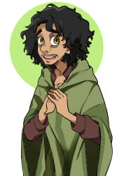 Rule 34 | 1boy, arepa, brown hair, brown lips, bruno madrigal, colombian clothes, curly hair, dark-skinned female, dark-skinned male, dark skin, encanto, facial hair, goatee, highres, looking at viewer, mustache stubble, open mouth, poncho, short hair, simple background, stubble, sweetp247