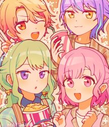 2boys 2girls blonde_hair blue_hair blue_shirt bow box brown_background brown_jacket brown_shirt clenched_hands closed_mouth collared_shirt cup disposable_cup drinking_straw food gradient_hair green_hair green_shirt hair_bow hands_up highres holding holding_box holding_cup jacket kamishiro_rui kusanagi_nene lapels long_hair long_sleeves looking_at_viewer multicolored_hair multiple_boys multiple_girls one_eye_closed ootori_emu open_clothes open_jacket open_mouth orange_bow pink_eyes pink_hair pink_vest plaid_clothes plaid_jacket plaid_shirt popcorn project_sekai purple_eyes purple_hair red_eyes red_hair shirt short_hair sidelocks simple_background smile star_(symbol) streaked_hair suspenders t-shirt teeth tenma_tsukasa upper_body v vest wavy_hair white_shirt yellow_eyes zinachan