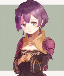 1girl bernadetta_von_varley bernadetta_von_varley_(timeskip) closed_mouth earrings female_focus fire_emblem fire_emblem:_three_houses gloves grey_eyes hair_ornament jewelry long_sleeves nintendo purea purple_hair simple_background solo upper_body yellow_gloves