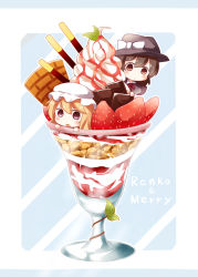2girls blonde_hair bow brown_eyes brown_hair character_name chocolate food fruit gasuto_(kamikami) glass hat hat_bow ice_cream in_food maribel_hearn mini_person minigirl mint mob_cap multiple_girls open_mouth parfait pocky purple_eyes soft_serve strawberry sundae touhou usami_renko waffle