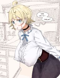 ... 1girl ahoge aiu404l black_choker blonde_hair blue_eyes bookshelf breasts buttons chest_of_drawers choker commentary covered_erect_nipples cowboy_shot dot_nose english_commentary english_text highres huge_breasts indoors lamp leaning_forward looking_at_viewer medium_hair original scar scar_on_face speech_bubble spoken_ellipsis