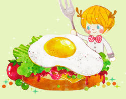 1boy blue_eyes bow bowtie bread cheese egg egg_(food) food fork green_background haruki9922 horns lettuce male_focus mini_person miniboy original peas smile solo sunny_side_up_egg tomato