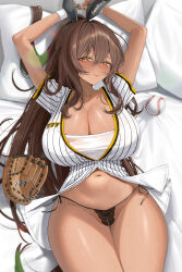 1girl arms_up ball baseball baseball_(object) baseball_glove baseball_uniform bed_sheet black_panties blurry blush bokeh breasts brown_hair cleavage cleft_of_venus closed_mouth commentary_request dark-skinned_female dark_skin depth_of_field goddess_of_victory:_nikke hair_between_eyes highres large_breasts long_hair looking_at_viewer lying meraring navel no_pants noir_(baseball_cheerleader)_(nikke) noir_(nikke) official_alternate_costume official_alternate_hairstyle on_back on_bed panties ponytail pussy pussy_cutout shirt short_sleeves side-tie_panties solo sportswear stomach striped_clothes striped_shirt sweat thighs thong underwear vertical-striped_clothes vertical-striped_shirt very_long_hair white_shirt yellow_eyes