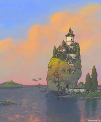 1boy architecture aurumek bird bridge building bush cloud cloudy_sky crescent european_architecture flying foliage grass highres horizon house island lamppost lantern moon_(symbol) ocean original outdoors pedestrian_bridge pink_clouds rock scenery sky solo stairs standing star_(symbol) tower tree water wide_shot