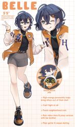 1girl :q aqua_eyes belle_(zenless_zone_zero) black_hair black_shirt bunni_stardust character_name closed_eyes earrings english_text eous_(zenless_zone_zero) grey_skirt hair_between_eyes hair_ornament highres jacket jewelry multicolored_jacket multicolored_shoes multiple_views one_eye_closed orange_jacket shirt short_hair skirt tongue tongue_out v white_jacket zenless_zone_zero