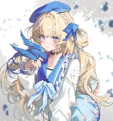 1girl a_(sofi3103) bird bird_on_hand black_choker blonde_hair blue_bird blue_bow blue_hat blue_sailor_collar blue_skirt blush bow choker closed_mouth collarbone commentary hair_bow hand_up hat highres lace lace_choker lawson long_hair long_sleeves looking_at_viewer official_alternate_costume phoebe_(wuthering_waves) purple_eyes sailor_collar shirt skirt smile solo white_shirt wuthering_waves