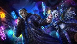 1boy 1girl :d arms_up beard black_coat black_gloves black_shirt can coat crop_top denim denim_shorts expressionless facial_hair fingerless_gloves gloves grey_hair highres holding holding_can long_hair looking_at_another looking_at_object male_focus midriff navel neon_sign non-web_source official_art open_mouth pantyhose ponytail purple_eyes purple_pantyhose saigo_roku scarf shirt shorts smile torn_clothes torn_pantyhose torn_scarf torn_shirt tribe_nine twintails utility_vest vest yukigaya_enoki