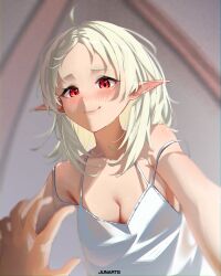 1girl artist_name bare_shoulders blush breasts cleavage closed_mouth collarbone commentary dress elf english_commentary highres junarts lips medium_hair multi-strapped_dress mushoku_tensei pointy_ears pov pov_hands reaching reaching_towards_viewer red_eyes small_breasts solo_focus strap_slip sylphiette_(mushoku_tensei) upper_body white_dress white_hair