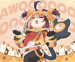 1girl ahoge belt bike_shorts brown_hair buckle commentary cowboy_shot crossed_belts earrings fingerless_gloves fingernails fuyuu_seibutsu gigi_murin gigi_murin_(1st_costume) gloves grem_(gigi_murin) hair_through_hood hands_up highres hip_vent hololive hololive_english hood hood_up hooded_shrug howling jewelry long_sleeves multicolored_hair neckerchief open_mouth orange_background orange_belt orange_shrug red_neckerchief sharp_teeth shirt short_hair short_twintails shrug_(clothing) sound_effects strap streaked_hair tail teeth twintails upper_teeth_only virtual_youtuber white_shirt x