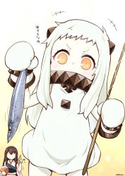 10s 2girls absurdres abyssal_ship ahoge akagi_(kancolle) artist_name bowl brown_hair chopsticks colored_skin commentary_request covered_mouth dress fish fishing_rod hakama hakama_skirt highres holding horns japanese_clothes kantai_collection long_hair looking_at_viewer mittens multiple_girls muneate northern_ocean_princess orange_eyes rice rice_bowl ryuki_(ryukisukune) saury signature skirt tasuki translation_request white_dress white_hair white_skin