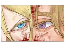 2boys blonde_hair blood blood_on_face blue_eyes cheek-to-cheek colored_eyelashes daybit_sem_void eye_focus eyelashes fate/grand_order fate_(series) hair_between_eyes heads_together looking_to_the_side male_focus multiple_boys parted_bangs purple_eyes ringed_eyes sleepycatto tezcatlipoca_(fate) thick_eyebrows