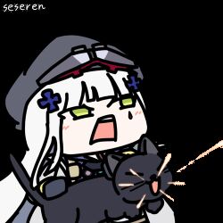 1girl animated animated_gif artist_name black_cat cat chibi chibi_only chinese_commentary clukay_(neural_cloud) firing girls&#039;_frontline girls&#039;_frontline_neural_cloud green_eyes grey_hair hat hk416_(girls&#039;_frontline) laser_cats_(meme) lowres meme open_mouth projectile_trail seseren solo teardrop_facial_mark unconventional_gun