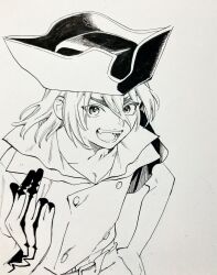 Rule 34 | 1boy, bare arms, belt, belt buckle, buckle, collarbone, collared jacket, commentary request, cowboy shot, dr. stone, eyelashes, fang, greyscale, hair between eyes, hand on own hip, happy, hat, highres, jacket, long hair, looking at viewer, monochrome, nanami ryuusui, nib pen (medium), no+bi=, open mouth, pectoral cleavage, pectorals, pen (medium), pirate hat, short sleeves, smile, solo, standing, teeth, thick eyebrows, traditional media