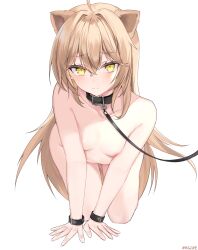 1girl absurdres ahoge all_fours animal_collar animal_ears areola_slip artist_name black_collar blush breasts buckle closed_mouth collar commentary_request completely_nude convenient_arm convenient_censoring crossed_bangs double-parted_bangs eyelashes hair_between_eyes highres indie_virtual_youtuber leash long_hair looking_at_viewer nagine nude pet_play raised_inner_eyebrows rurudo_lion simple_background solo straight-on very_long_hair virtual_youtuber wavy_mouth white_background wristband yellow_eyes