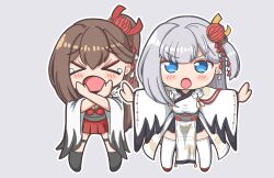 &gt;_&lt; 2girls azur_lane blocking_way blue_eyes brown_hair chibi closed_eyes crane_enthusiast deformed eyeshadow frown full_body furisode grey_hair hair_ornament highres japanese_clothes kimono long_hair looking_at_viewer makeup miniskirt multiple_girls open_mouth outstretched_arms pelvic_curtain pleated_skirt red_eyeshadow shoukaku_(azur_lane) skirt spread_arms tears thighhighs thighs very_long_hair white_thighhighs x_arms zettai_ryouiki zuikaku_(azur_lane)