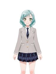 1girl anime_coloring aqua_hair arms_at_sides bang_dream! blazer blue_necktie blue_skirt bow braid closed_mouth collared_shirt dress_shirt feet_out_of_frame green_eyes grey_jacket hair_bow haneoka_school_uniform hikawa_hina jacket long_sleeves looking_at_viewer miniskirt necktie plaid_clothes plaid_skirt pleated_skirt school_uniform shirt short_hair side_braids skirt smile solo standing straight-on striped_necktie tachi-e transparent_background twin_braids white_shirt winter_uniform yellow_bow