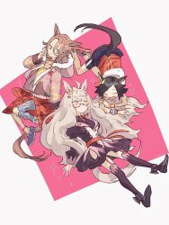 3girls ^_^ ahoge animal_ears artist_name bandaid bandaid_on_face biwa_hayahide_(umamusume) black_hair blue_eyes blue_skirt breasts brown_hair clenched_hand closed_eyes clothes_around_waist clothing_cutout denim dress flat_chest glasses grey_hair hood hooded_jacket horse_ears horse_girl horse_tail jacket jeans jemma_(mashirahoshi) long_hair long_sleeves looking_at_viewer multiple_girls narita_taishin_(umamusume) open_clothes open_jacket open_mouth pants pink_jacket purple_dress purple_thighhighs semi-rimless_eyewear shoes short_hair shorts skirt small_breasts smile sneakers sparkle tail tail_through_clothes thighhighs torn_clothes torn_jeans torn_pants umamusume winning_ticket_(umamusume) wristband