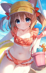 1girl animal_ear_fluff animal_ears blue_eyes blush breasts brown_hair closed_mouth hat innertube ocean original short_hair small_breasts solo suimya swim_ring swimsuit tail twintails yellow_hat