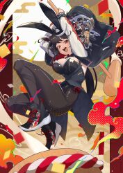 1girl absurdres black_leotard black_shoes breasts hammer highres holding holding_hammer horse_girl horse_tail jacket kitasan_black_(umamusume) leotard looking_at_viewer multicolored_hair open_clothes open_jacket playboy_bunny print_jacket red_eyes shoes short_hair solo streaked_hair sukajan tail umamusume yakousei_a