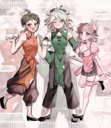 1girl ahoge bare_shoulders black_shoes breasts brown_hair china_dress chinese_clothes cleavage closed_mouth danganronpa_(series) danganronpa_2:_goodbye_despair detached_sleeves dress hair_bun hair_ribbon highres hinata_hajime komaeda_nagito large_breasts long_hair looking_at_viewer medium_hair nanami_chiaki open_mouth pants puffy_short_sleeves puffy_sleeves red_ribbon ribbon shoes short_sleeves smile yuyu_(yuuyudayo1211)